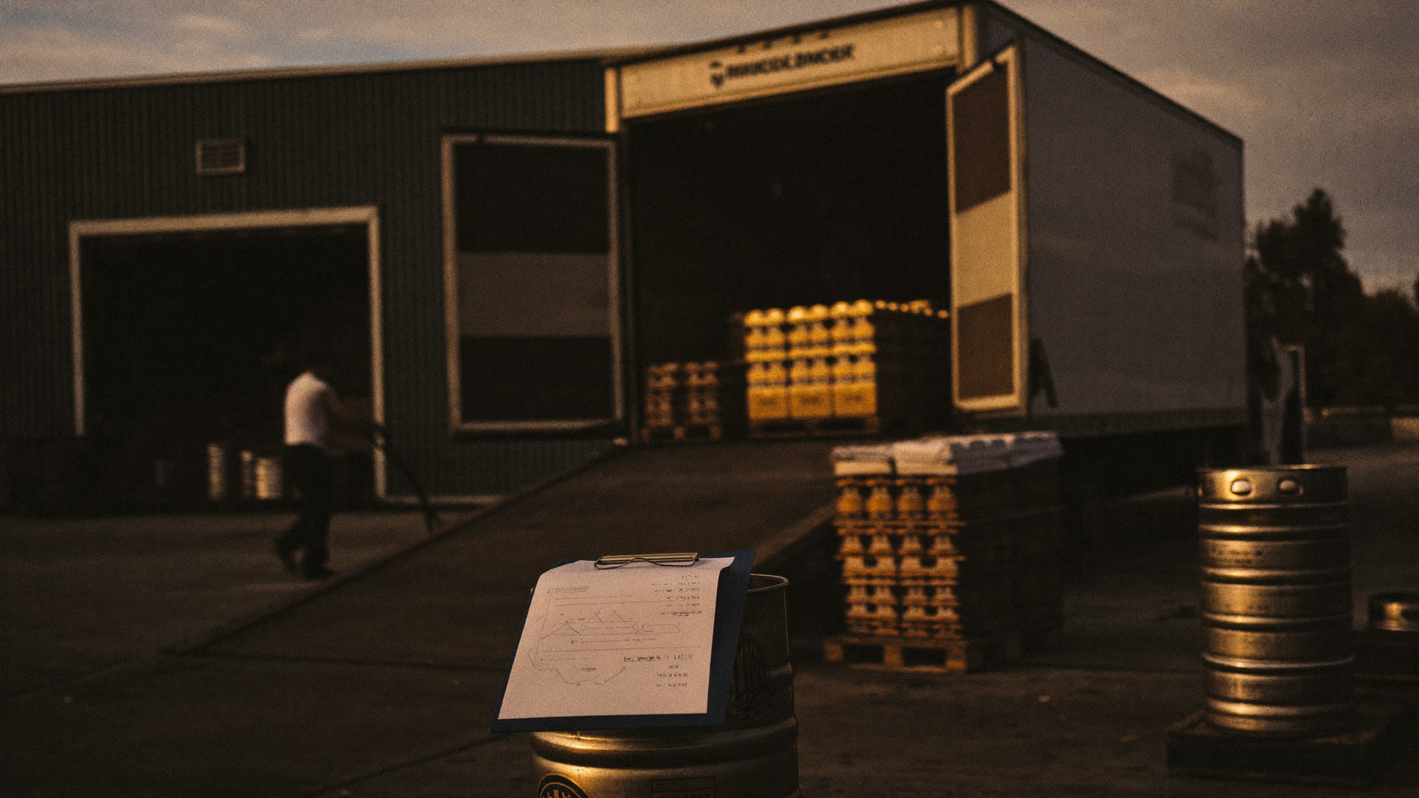 A box truck at a brewery loading dock being loaded with kegs and cases in early morning light